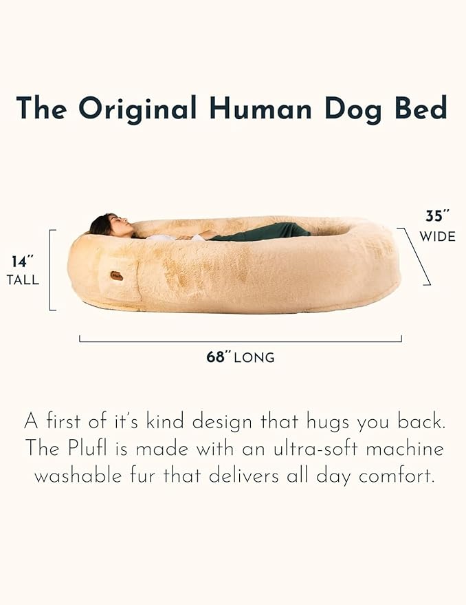 Plufl, The Original Human Dog Bed for Adults, Kids, and Pets. As Seen on Shark Tank. Comfy Plush Large Bean Bag with Memory Foam, Machine Washable, and Durable. Perfect nap and Floor Bed - Beige