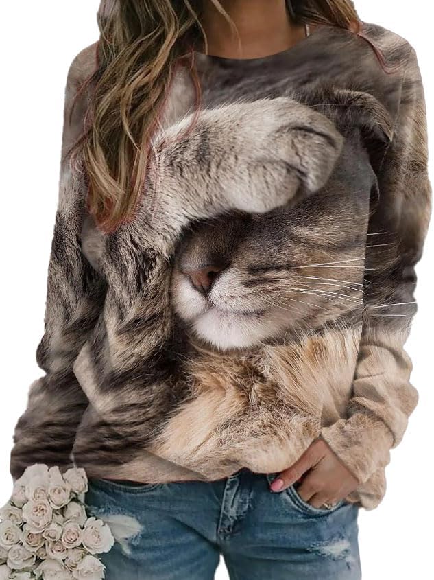 IVERIRMIN Womens 3D Cat Crewneck Sweatshirts Casual Cute Long Sleeve Shirts Pullover Tops Graphic Loose Fit Sweater for Women