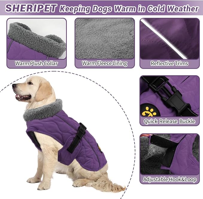 Dog Winter Jackets, Furry Collar Warm Coats for Dogs with Fleece Lining, Water Resistant Adjustable Dog Coat for Winter, Reflective Doggie Appreal with Leash Hole and Buckle, Purple L