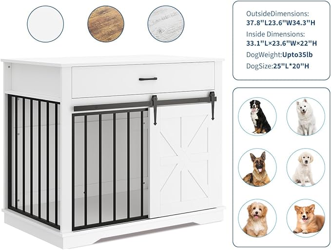 37.8" Dog Crate Furniture, Farmhouse Style 2-in-1 Dog Crate with Sliding Barn Door for Small/Medium Dogs, Dual Function as Side Table with Storage Drawer, 2-in-1 Iron-Wood Fusion Design, White