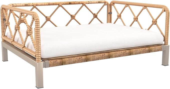 Wicker Dog Bed with 2" Cushion,Rattan Dog Sofa Bed for Small Medium Dogs– Indoor/Outdoor Metal Frame Pet Bed up 66lbs (Brown Rattan White Cushion)