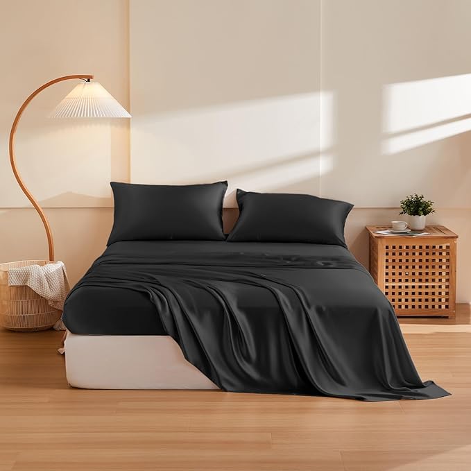 THXSILK Silk Sheet Set 4Pcs, 6A+ Top Grade 100% Pure Mulberry Silk Bed Sheets Ultra Soft Durable Luxury Bedding Sets Cooling, 1 Fitted Sheet, 1 Flat Sheet and 2 Pillowcases (Twin-XL, Black)