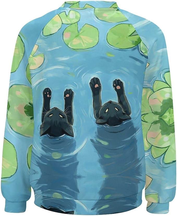 Womens novelty funny cat printed crewneck sweatshirt casual loose long sleeve graphic pullover sweatshirts tops