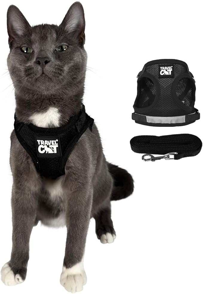 Travel Cat Harness and Leash Set - Adjustable Fit Mesh Cat Harness and Reflective Strap - Comfort Walking Vest for Kitten for Outdoor Walking, Hiking (Small, Black)