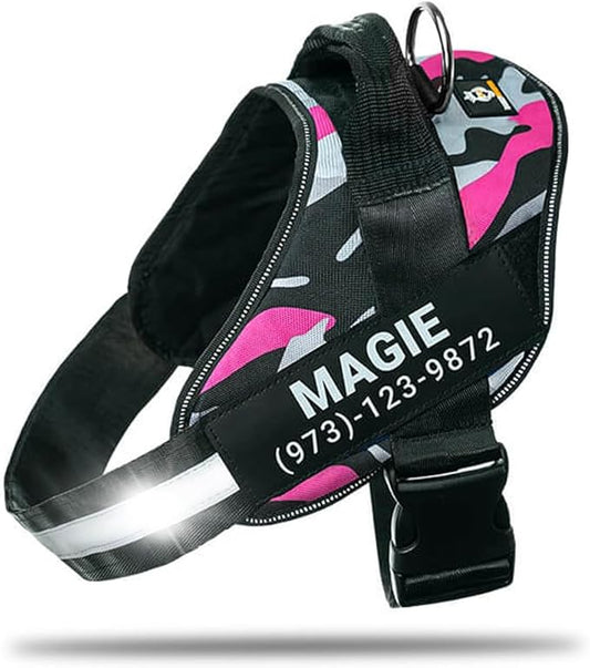 Personalized No-Pull Dog Harness with Name Patch, Adjustable, Reflective, Padded, Heavy Duty Pet Vest to Prevent Tugging, Pulling, or Choking, Training and Walking, Camouflage Pink, XS
