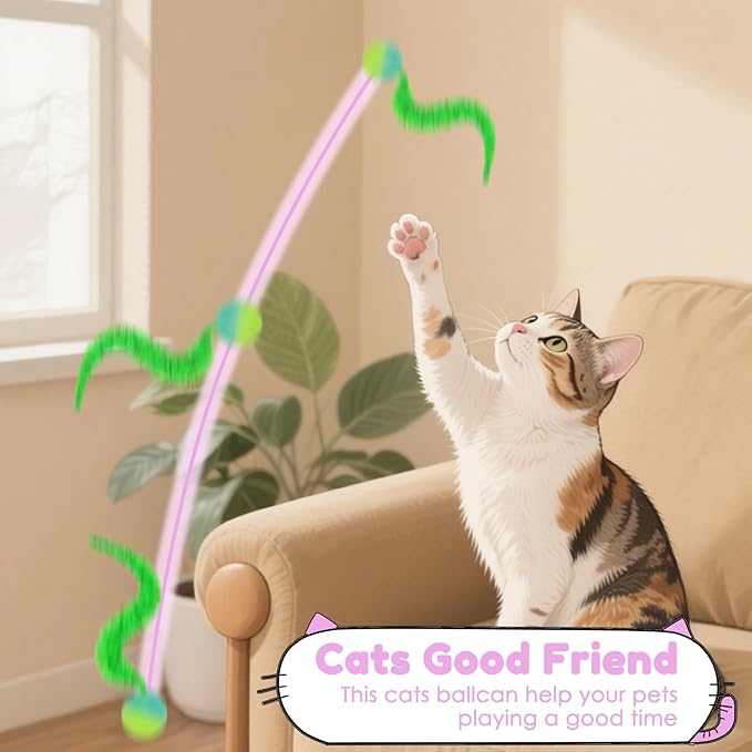 SHENGSEN Feather Wand Cat Toy,Bouncy Ball with Tail Cat Toys,Magic Worm with Large Colorful Ball Toy for Cats,Cat Feather Toys for Indoor Cats,Colorful Fuzzy Worm Bouncy Balls Cat Toy (ADM102-B-3B)