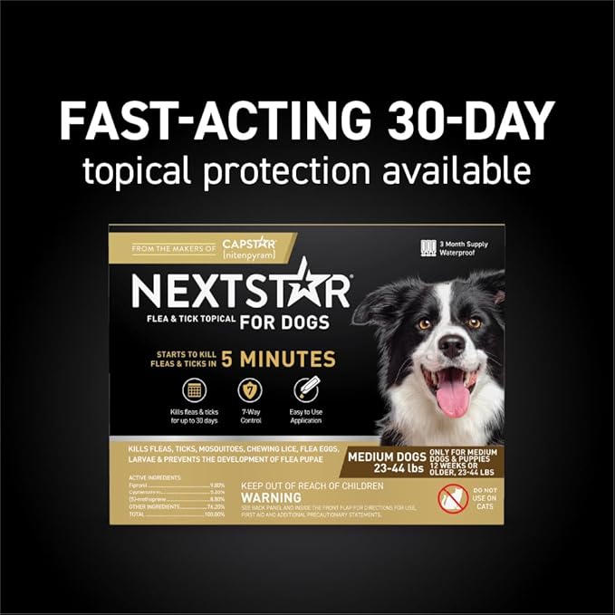 NEXTSTAR Flea and Tick Prevention for Dogs, Repellent, and Control, Fast Acting Waterproof Topical Drops. Medium Dog Tick & Flea Repellent, 3 Month Dose