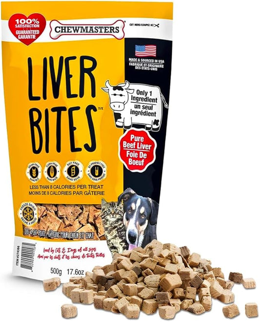 Chewmasters 100% Pure Beef Liver Bites, Healthy Freeze Dried Dog Treats, 17.6 oz, All Natural, Grain Free, High Protein & Zero Additives, Made in USA, Packed with Nutrients and Vitamins