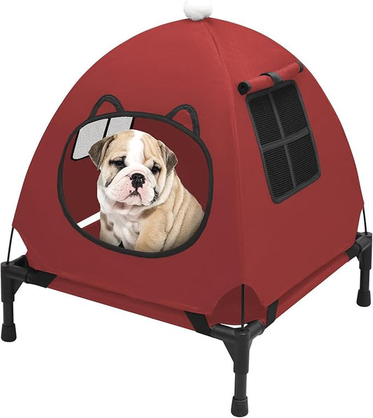 Pozico Elevated Pet Bed with Breathable Mesh for Small Cat and Dog, Raised Cooling Pet Cot for Puppy and Kitty, 18.9x18.9 inch (Red Bed with Canopy)