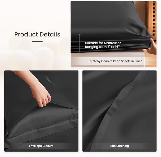 THXSILK Silk Sheet Set 4Pcs, 6A+ Top Grade 100% Natural Mulberry Silk Bed Sheets, Luxury Bedding Sets Ultra Soft Durable Cooling, 1 Fitted Sheet, 1 Flat Sheet and 2 Pillow Shams (King, Black)