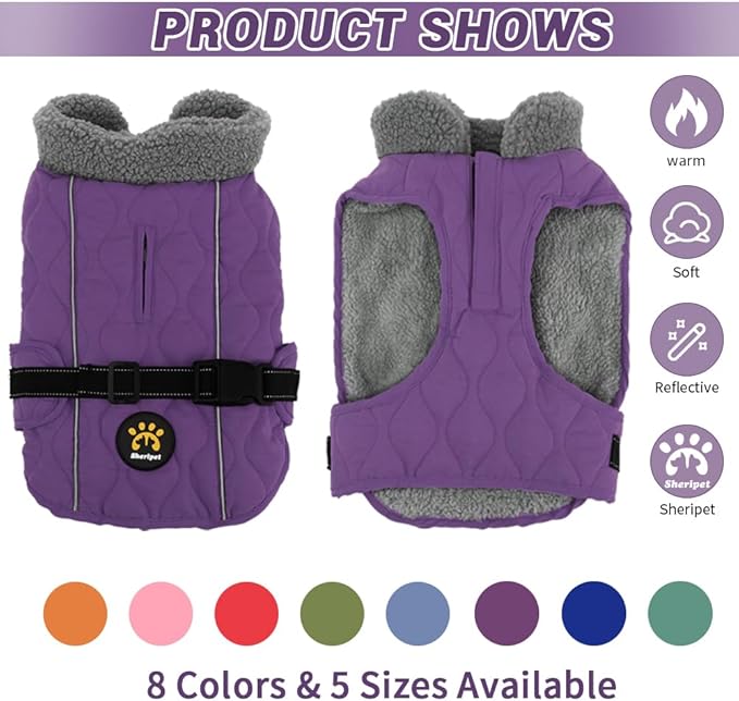 Dog Winter Jackets, Furry Collar Warm Coats for Dogs with Fleece Lining, Water Resistant Adjustable Dog Coat for Winter, Reflective Doggie Appreal with Leash Hole and Buckle, Purple L