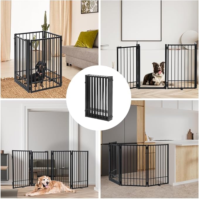 Metal Freestanding Dog Gate with Door, Extra Wide 81", 31" Height Foldable Dog Gates for Doorways, Tall Pet Fence Indoor Outdoor Pet Gates, 4 Panels Pet Barrier for Stairs Hallways, Black