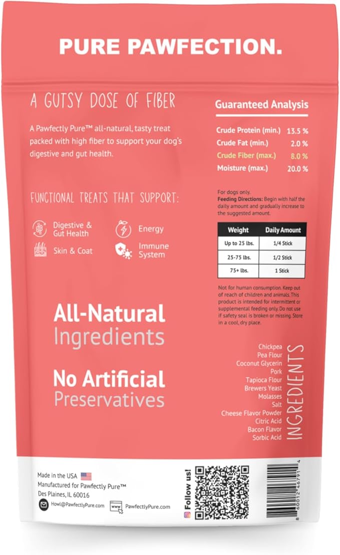 Pawfectly Pure Frisky Sticks Dog Treats, Cheese & Bacon Flavor, 7-Inch Soft Chews, High Fiber Digestive Support, 16 oz