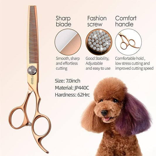 Rose Gold Titanium Thinning Shears for Dogs 46 Teeth 7'' Professional Blending Thinner Scissors for Dog Shih Tzu Teddy Pet Japanese 440C Sharp and Durable Right Handed(7,Thinner)