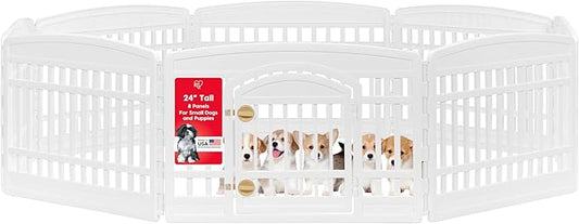 IRIS USA 24" 8-Panel Dog Playpen, 83.5 x 83.5 x 23.63, Puppy Playpen, Dog Play Pen Indoors, Pet Fence, Puppies/Small Dogs, White
