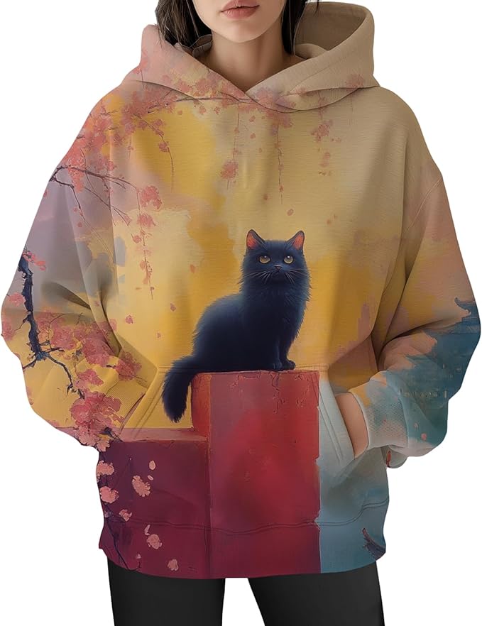 Womens Funny Cat Hoodies Oversized Graphic Hooded Sweatshirt for Women Fall Plus Size Pullover Hoodie Y2K