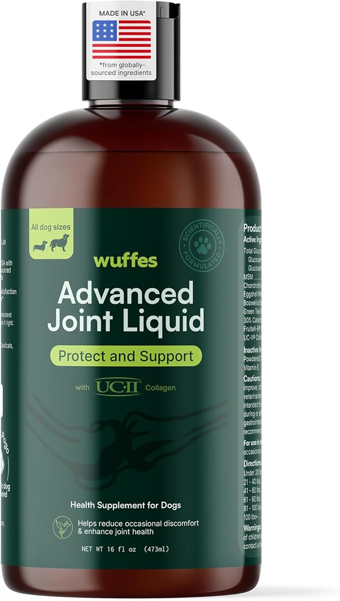 Wuffes Advanced Joint Liquid for Dogs, Hip & Joint Support Supplement with Glucosamine, Chondroitin, UC-II® Collagen, and MSM, for Small & Large Breeds, 16 Oz