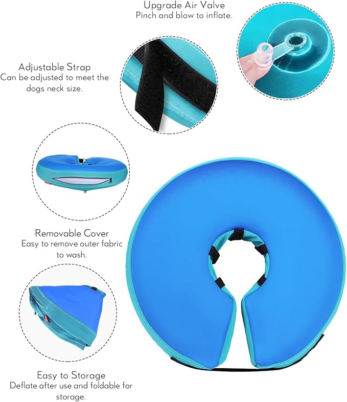 MIDOG Soft Inflatable Dog Cone,Donut E-Collar Alternative for After Surgery, Prevents Licking, Allowing Normal Eating & Vision,Comfortable Recovery Collar for Small Medium Large Dogs&Cats,GreenBlue-L+