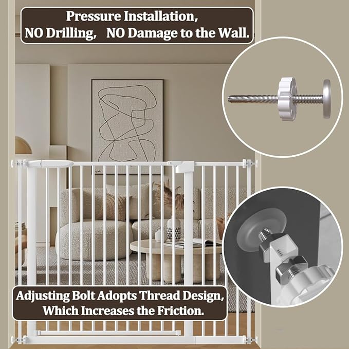 WAOWAO 1.37" Ultra Narrow Spacing Extra Wide Baby Gate 53.74-57.67" Pressure Mounted Walk Through Double Lock Swing Auto Close Safety White Metal Toddler Child Dog Pet for Indoor,Doorway,Kitchen