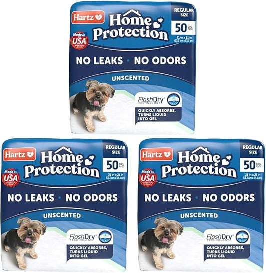 Hartz Home Protection Unscented USA Made Dog Pads, 50 Count, Super Absorbent & Won't Leak, Odor Eliminating (Pack of 3)