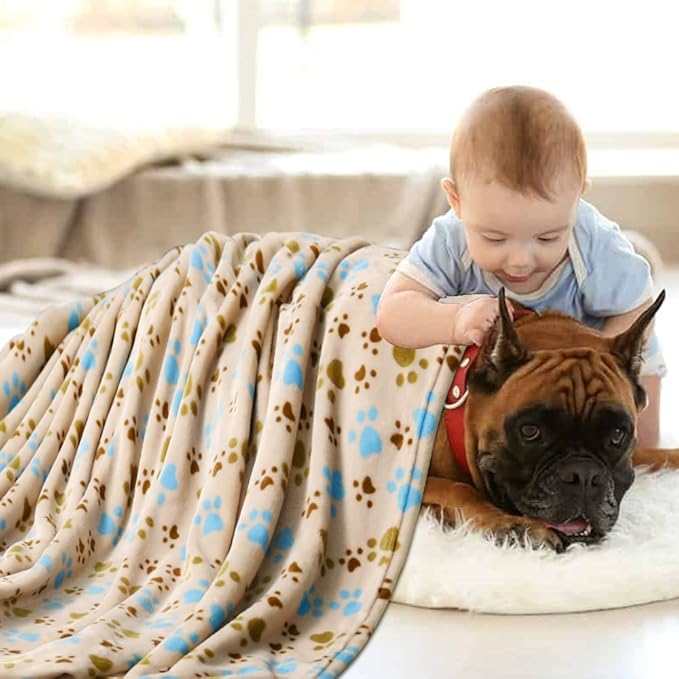 Rezutan Dog Blankets for Large Dogs, Dog Cat Flannel Blankets Washable, Soft Pet Mat Throw Cover for Kennel Crate Bed, Cute Paw Pattern,Pet Blanket (Beige 60" x 80")