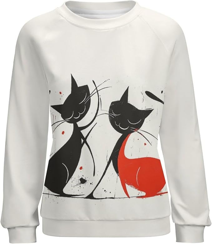 Biacolum Long Sleeve Shirts for Women Mid Century Retro Style Atomic Cat 3D Graphic Sweatshirts Fall Crewneck Pullover Top