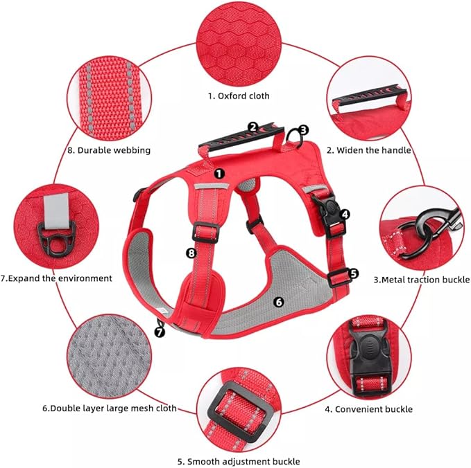 Dog Harness No Pull Adjustable Reflective,for Medium and Large Small Dog with Leash 59.06in (Red, M)