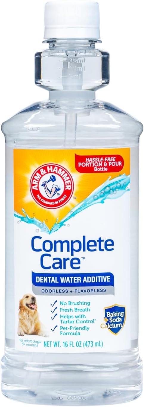 Arm & Hammer Complete Care Dental Water Additive for Dogs, Easy Portion Bottle, Dog Breath Freshener, Dog Mouth Wash or Dental Rinse, Simply Add to Pet Drinking Water for Fresher Breath, 16 FL OZ