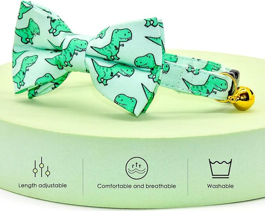 Cat Bow Collar, Green Dinosaur Pattern, Quick Release Safety Buckle, (6" - 10")