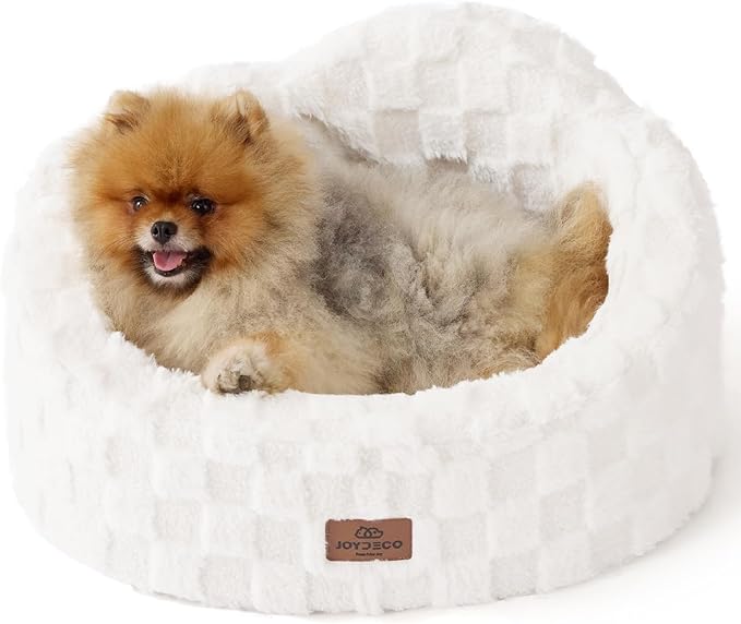 Joydeco Dog Bed for Small Dogs & Cats, Washable Cloud Pet Bed with Orthopedic Foam and Removable Checkered Plush Pad, Non-Slip Bottom for Indoor Puppies and Kittens, 22x20 Inch, White