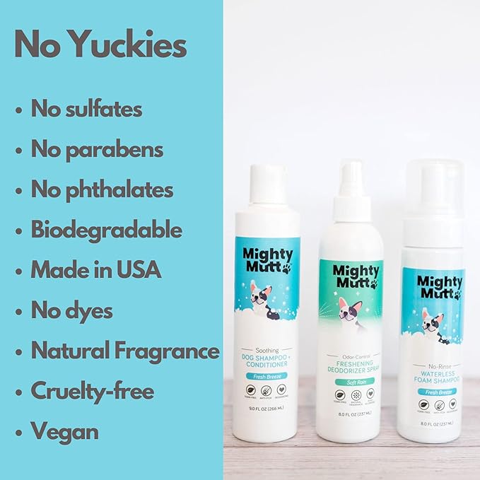 Mighty Mutt Ultimate Freshness Dog Grooming Kit – Includes Dog Dry Shampoo, Dog Shampoo and Conditioner, Dog Deodorizing Spray | Soothing, Deodorizing, Pet Friendly, Hypoallergenic | 3 Piece Set