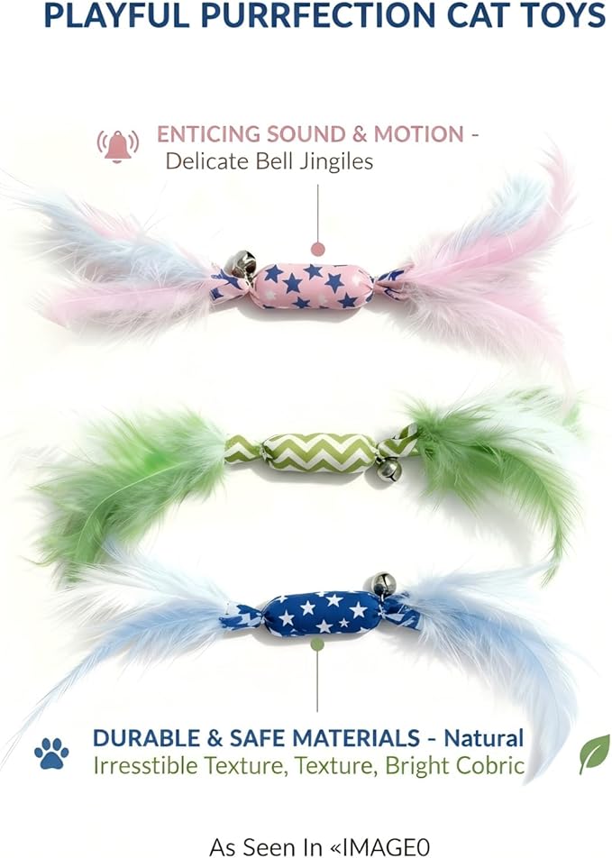 CealumVita Catnip Toy Candy Shape with Bright Colors Feathers & Bell, Kicker Chew Toy for Indoor Cats, Enrichment Toys for Bored Kittens & Adult Cats, 3-Pack Crinkle Plush Toys for Teething and Play