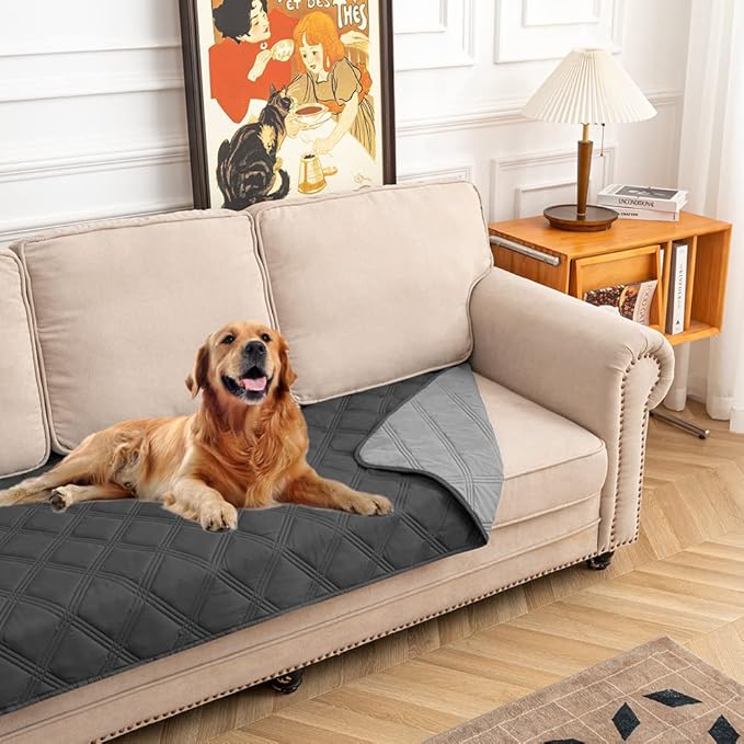 fuguitex Waterproof Dog Blanket Reversible for Small Dogs Resistant Leakproof Washable Couch Cushion Bed Protector Cover for Indoor Furniture Pet Friendly（30"*53",Dark Grey+Grey
