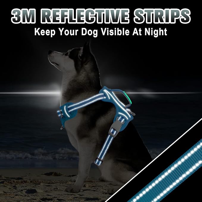 BARKBAY No Pull Dog Harness Large Reflective Dog Harness with Front Clip and Easy Control Handle for Walking Training Running with ID tag Pocket(Blue,M)