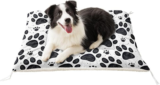 Dog Crate Bed Washable Crate Pad Cartoon Black Paw Printed Soft Fluffy Pet Sleeping Mat for Large Medium Small Animals(Paw-3 S)