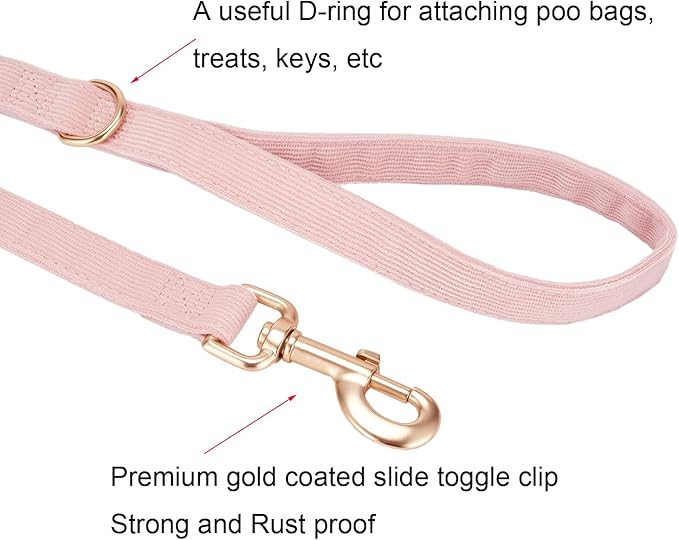 Soft Corduroy Dog Collar and Leash Set Adjustable Durable Dog Collars with Metal Buckle and Lead for Female Medium Dogs,Baby Pink