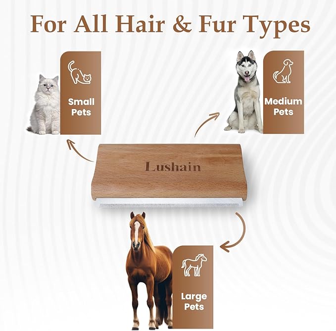 Deshedding Brush for Dogs & Cats | Pet Grooming Brush | Removes Loose Fur, Dirt & Hair | Small, Medium & Large Pets | Ergonomic Handle| Cat & Dog Brush (Nature Wood, 5 inch) Gift