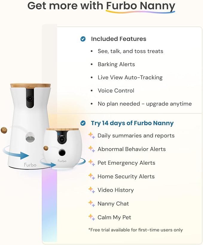 Furbo 360° Dog Camera + Mini 360° Cam (2-Camera Bundle Nanny Pro Subscription): Dog Safety Alerts, Pet Camera with Speaker, Phone App & Night Vision (New Subscription Needed at Setup)