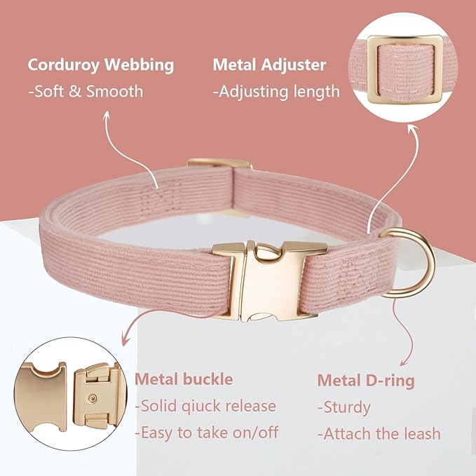Soft Corduroy Dog Collar and Leash Set Adjustable Durable Dog Collars with Metal Buckle and Lead for Female Large Dogs,Baby Pink