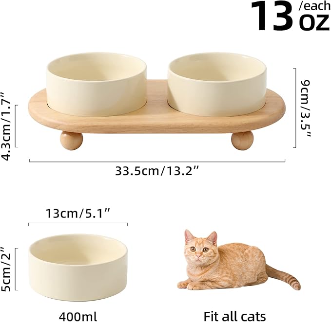 Havniva Ceramic Elevated Cat Food and Water Bowl, Kitty Bowl, Raised Cat Dish, Pet Feeder (5.1 in, 2 x Beige + Stand)