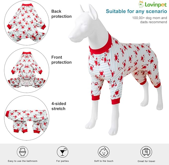 LovinPet Dog Sweatshirts for Large Dogs, Anxiety Calming Dog Pajamas, Light Blue Stripe Whale, Crab Print, Onesies for Dogs, Pitbull Clothes,Pajamas for Pitbulls,2XL