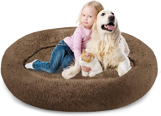 SAVFOX Plush Calming Dog Beds, Donut Dog Bed for Small Dogs, Medium, Large, X-Large & XX-Large, Comfy Cuddler Dog Bed and Cat Bed in Faux Fur, Washable Dog Bed, Multiple Sizes S-XXL