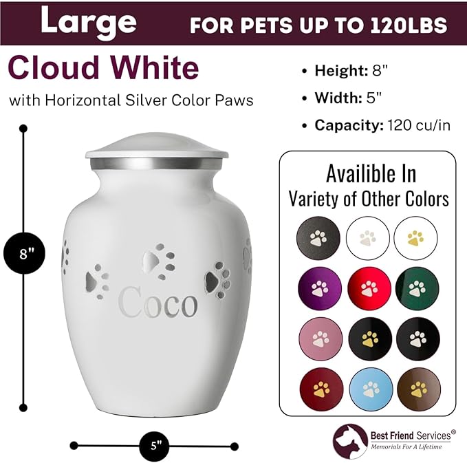 Pet Urn for Dogs and Cats with Personalized Laser Engraving, Ottillie Paws Premier Series Memorial Urns (Large Cloud White with Horizontal Pewter Paws)