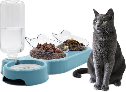 Sky Blue Triple Cat Bowls with 15 Tilt, 3-in-1 Automatic Water & Food Feeder, Whisker-Friendly Elevated Dishes for Small Cats & Puppies