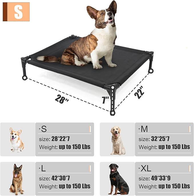 Elevated Dog Bed - Raised Dog Cot Fits Up to 150 LBs, Heavy Duty Pet Cot with Durable Supportive Mesh, Indoor & Outdoor, Dark Grey