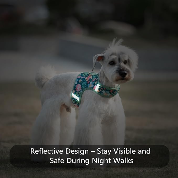 Dog Harness for Small Sized Dog,Hook-and-Loop Easy On/Off, Reflective Adjustable Soft Mesh Vest for Puppy (Green Floral Print,S)