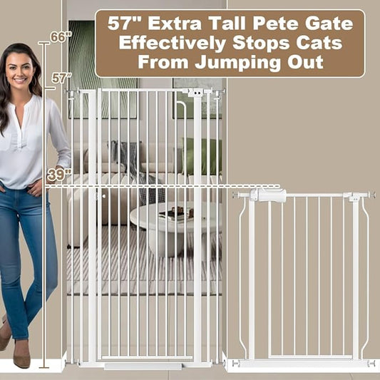 57" Extra Tall Cat Gate for Doorways, 38.58'' - 43.31'' Wide High Pressure Mounted Dog Gate, Tall Pet Gates for Doorways No Drilling, Auto Close Safety Baby Gates for Dogs Cats(White)