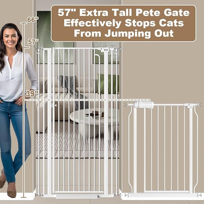 57" Extra Tall Cat Gate for Doorways, 52.76'' - 57.48'' Wide High Pressure Mounted Dog Gate, Tall Pet Gates for Doorways No Drilling, Auto Close Safety Baby Gates for Dogs Cats(White)