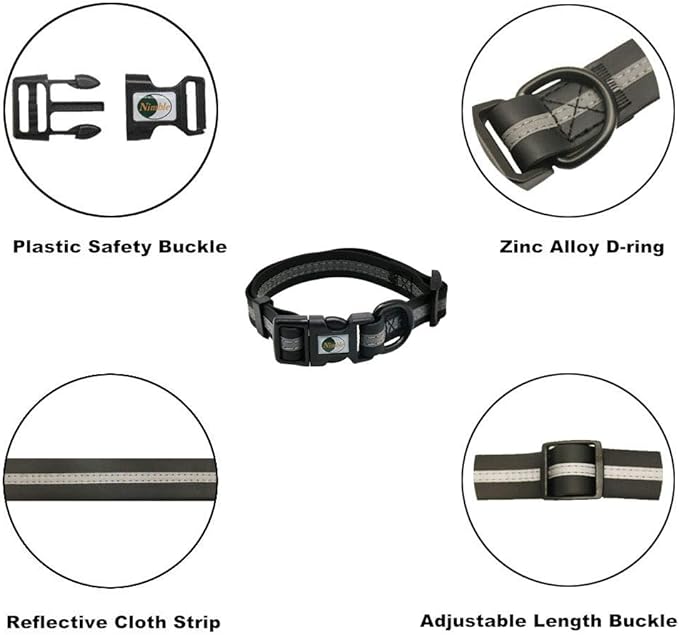 NIMBLE Dog Collar Waterproof Pet Collars Anti-Odor Durable Adjustable PVC & Polyester Soft with Reflective Cloth Stripe Basic Dog Collars S/M/L Sizes (Small (9.45”-14.17”inches), Black)
