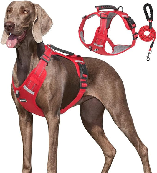 Dog Harness No Pull Adjustable Reflective,for Medium and Large Small Dog with Leash 59.06in (Red, XL)